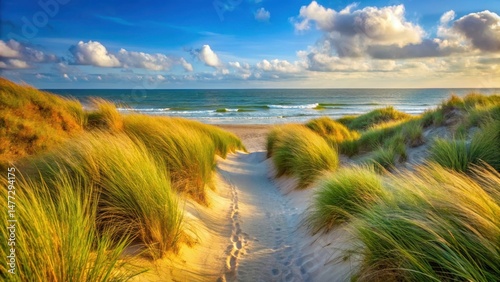 Fototapeta Naklejka Na Ścianę i Meble -  path through dunes with beach grass on north sea coast, sea, waves,  sea, waves, coastal view, nature, landscape