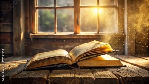Wallpaper Mural A sunlit antique book rests open on a rustic wooden surface, emitting a magical golden dust, near a weathered window. Torontodigital.ca