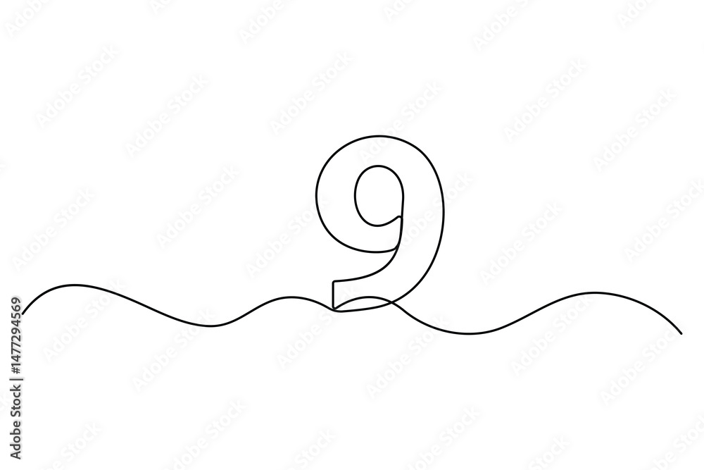 Obraz premium Number nine continuous one line drawing of number 9. editable One line drawing of number 9 icon. Vector illustration 