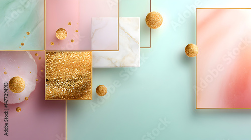 Abstract composition featuring colorful geometric shapes and textures, including gold accents and soft pastel backgrounds, ideal for modern design projects. Selective focus
