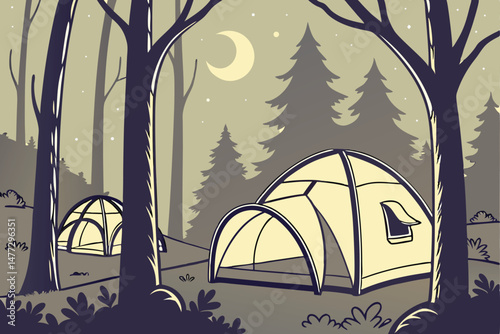 152 dome shaped tents, glowing lanterns, night outdoor camping scene, forest landscape, moody lighting, warm atmosphere, dreamlike, ethereal, cinematic