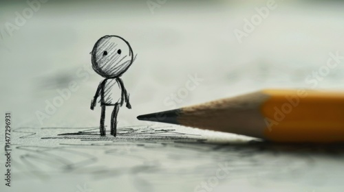 Stick Figure Conceptualizing: A stick figure sketching a concept with a pencil, visualizing and developing ideas on paper, turning thoughts into a clear, creative form.
