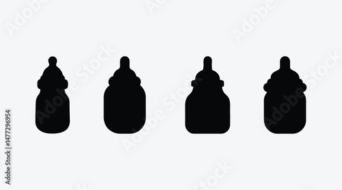 Baby Bottles Silhouette Collection On White Background