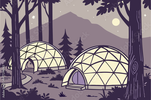 152 dome shaped tents, glowing lanterns, night outdoor camping scene, forest landscape, moody lighting, warm atmosphere, dreamlike, ethereal, cinematic