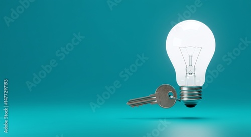 Key Unlocking a Floating Light Bulb with Left Copy Space. 8K Desktop Wallpaper. Generative AI