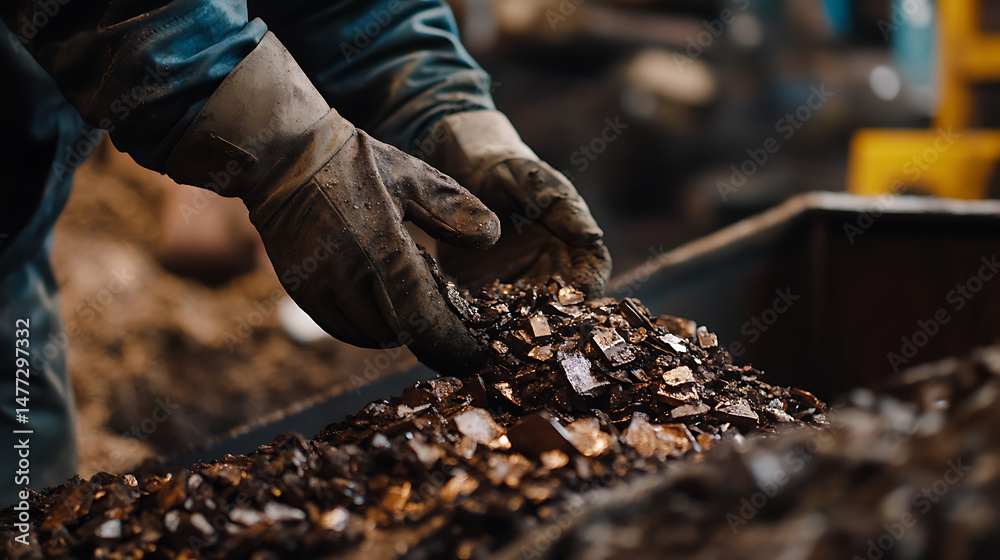 Naklejka premium Worker Handling Shards of Metal in Industrial Setting