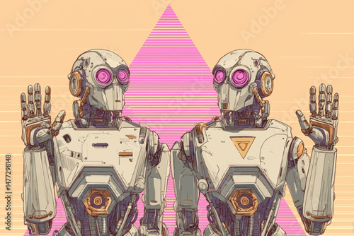 Two robots stand facing each other, hands raised in an interactive gesture. They are set against a vibrant background, showcasing unique designs and a modern aesthetic.