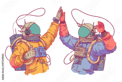 Two astronauts in colorful space suits are having a joyful moment in outer space, performing a high five as they celebrate their accomplishments and teamwork.