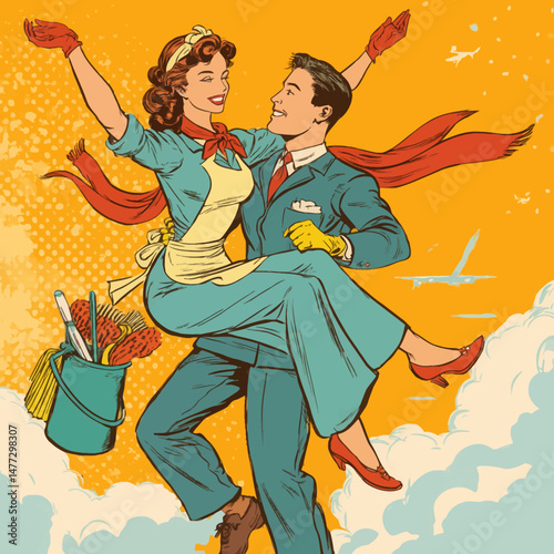 A husband lifts his cheerful wife in a carefree manner, both dressed in vibrant attire, celebrating love and happiness amid a playful sky filled with clouds and planes.
