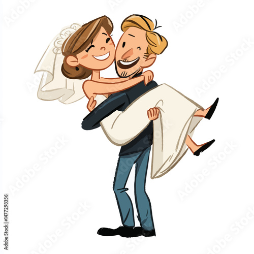 In a lively wedding atmosphere, the groom lifts the bride happily in his arms, showcasing their love and joy.