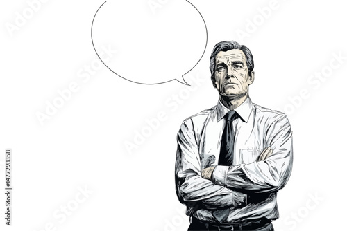 A manager stands with a thoughtful expression, arms crossed, looking lost in thought. It's a challenging day at work, and the atmosphere in the office reflects their pensive mood.