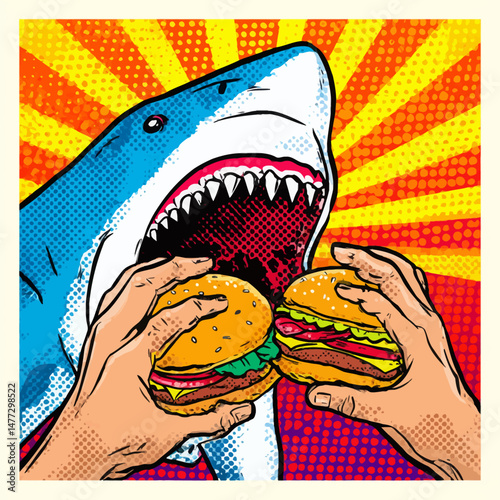 A shark with large teeth is enthusiastically devouring two burgers held in its hands, set against a lively backdrop with bright colors and dynamic sunburst patterns, capturing an entertaining moment.