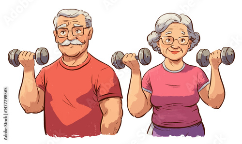 An elderly man and woman confidently lift dumbbells while smiling, showcasing their commitment to fitness in a bright indoor environment. Their camaraderie is evident as they encourage each other.