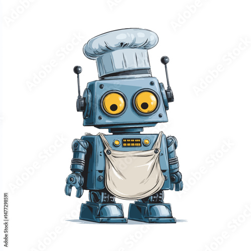 A charming robot chef wearing a white hat and apron is standing confidently. With bright yellow eyes and a friendly appearance, it seems eager to prepare delicious meals in a whimsical kitchen.
