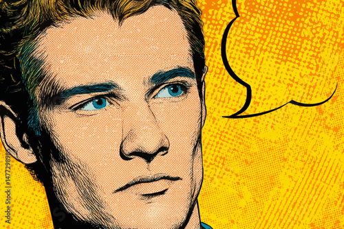 A thoughtful young man with striking blue eyes gazes intently, surrounded by bold colors and dot patterns typical of pop art. The backdrop exudes an energetic vibe, captivating viewers.