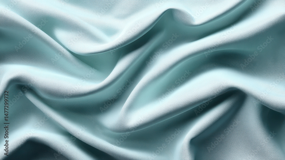 Fototapeta premium The smooth, light blue fabric cascades in gentle waves, creating an elegant and luxurious texture perfect for backgrounds and design elements of refinement.