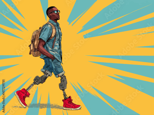 A black man is walking with an exoskeleton leg, demonstrating mobility and determination. His stylish outfit and backpack highlight a modern, dynamic lifestyle.