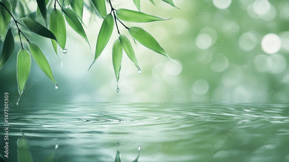 Obraz premium Bamboo leaf glistens with dew, reflecting peaceful serenity