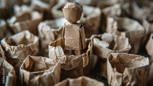 Stick Figure Using Biodegradable Packaging: A stick figure choosing biodegradable packaging, reducing plastic waste and its negative impact on the environment, including landfills and oceans.
