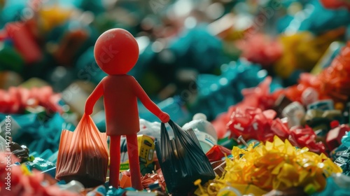 Stick Figure Using Biodegradable Packaging: A stick figure picking products with biodegradable packaging, promoting sustainability by reducing plastic waste and protecting the environment.
