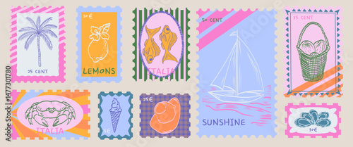 Summer mediterranean postage stamps. Sticker with lemons, fish, oysters, crab, boat, palm tree. Vacation in Italy.  Vector retro frame border element design.
