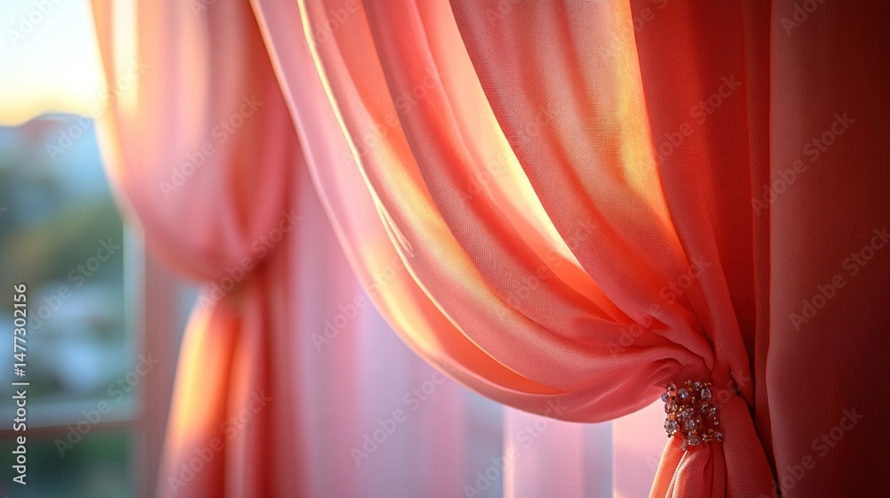 Naklejka premium Sunlight streams through sheer coral curtains tied back with decorative beads.