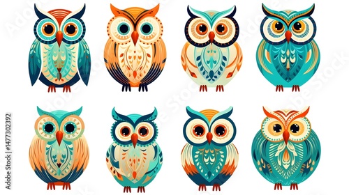 Wallpaper Mural Collection of Stylized Cartoon Ornate Funny Owls for Design Projects Torontodigital.ca