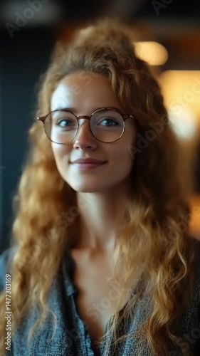 Young woman with glasses in a cozy cafe setting