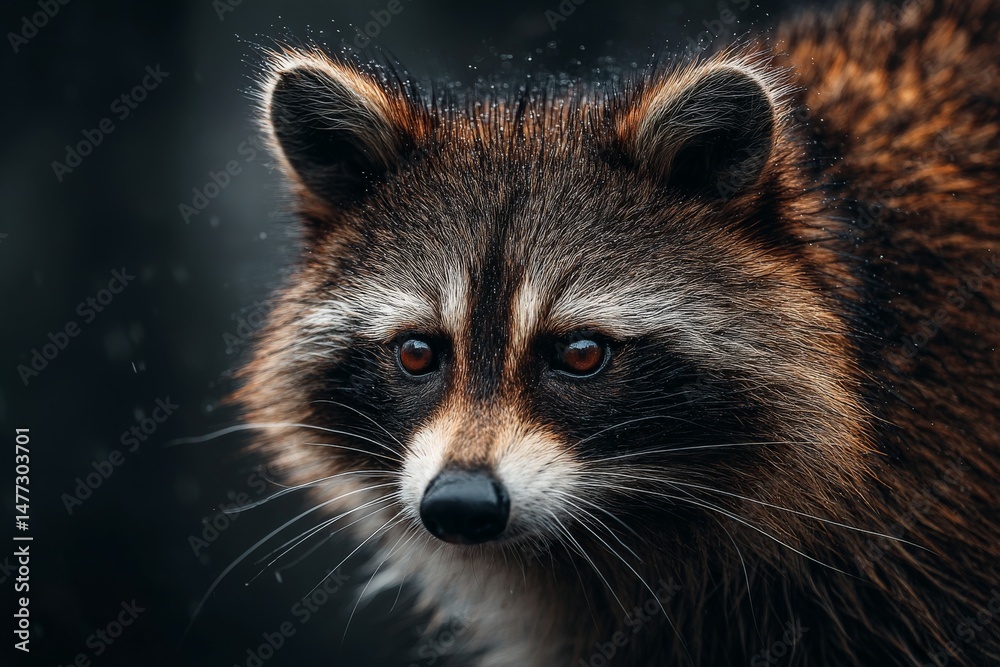 Fototapeta premium Close-up view of a raccoon in a natural setting during the evening light with a focus on its expressive features