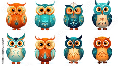 Wallpaper Mural Collection of Nine Stylized Cartoon Ornate Funny Owls in Various Poses for Design Projects Torontodigital.ca