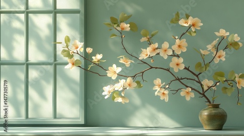Blossom branch in vase by window.