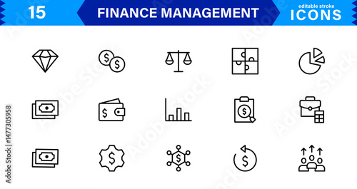 Clean and minimal Finance Management icon pack crafted for economic, accounting, and money-tracking visuals.