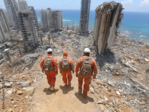 a hopeful photograph showing people working together to clear debris in a damaged city area, symbolizing the start of rebuilding after a massive explosion.