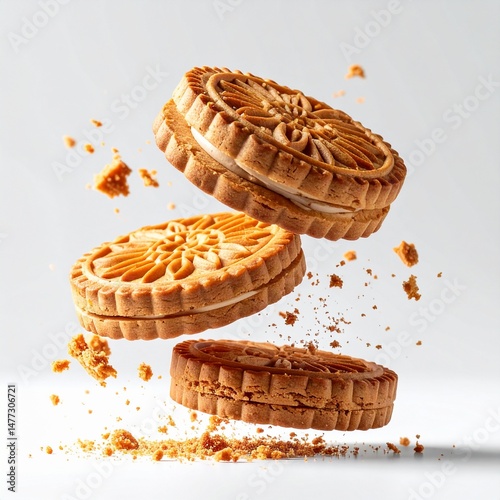  Hyper Realistic flying 5 Lotus Biscoff biscuit and 5 Lotus Biscoff crbiscuit unc