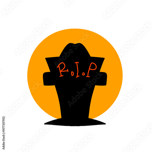 Mysterious demise, a tombstone silhouette against an eerie orange backdrop