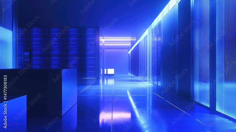 Fototapeta premium Futuristic server room with glowing blue ambient lighting, minimalistic architecture, and sleek reflections, ideal for cloud computing, AI systems, and digital innovation visuals