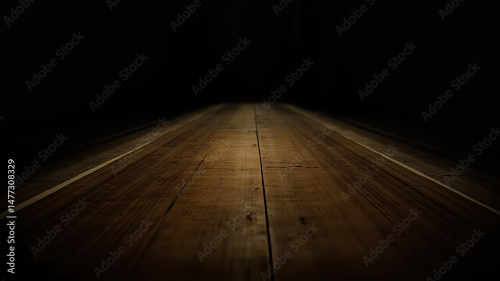 Obraz premium Dark wooden floor perspective view in shadow with dramatic lighting for backgrounds