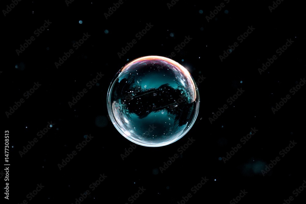 Fototapeta premium Floating bubble in dark space with reflections and sparkling details creating a mesmerizing visual effect
