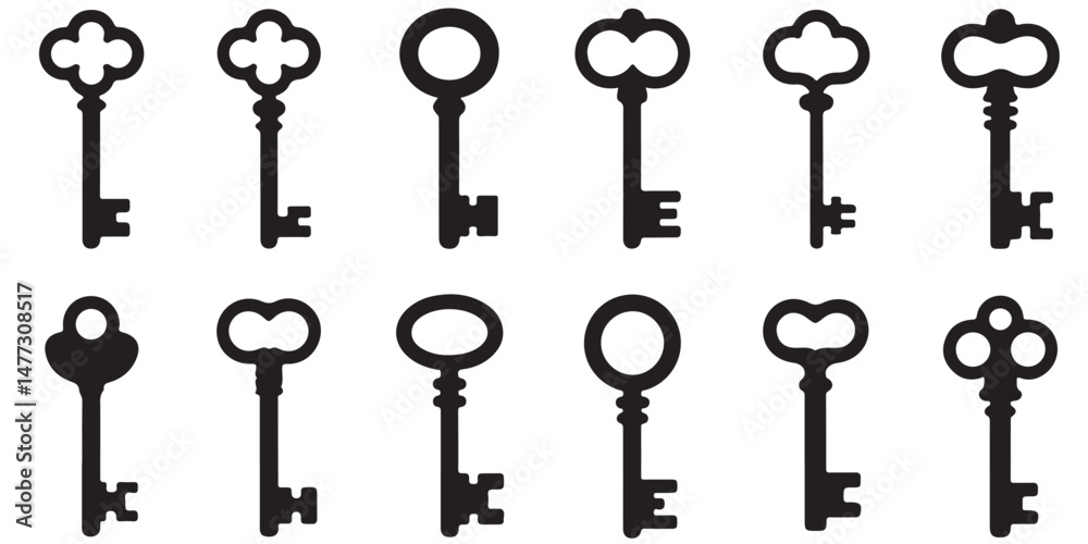 Collection of black vector various Keys Silhouettes, Collection of black vector various Keys Silhouettes,