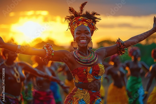 Vibrant African dance rhythmic movements colorful attire joyful celebration energetic community under golden sunset