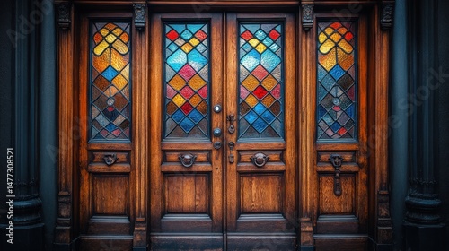 Ornate wooden double doors with colorful stained glass panels.