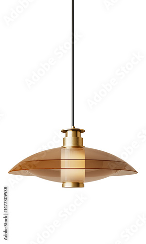 A gold colored lamp hanging from a chain