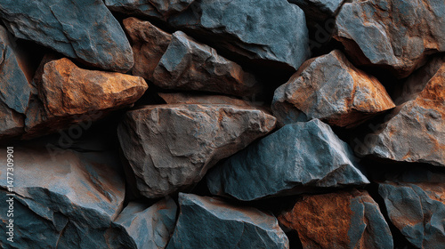 A captivating close up showcases a textured wall composed of rugged, dark grey rocks intertwined with earthy brown tones, creating a visually striking pattern.