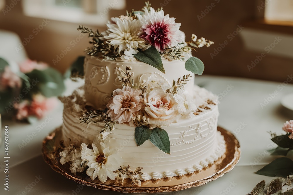 Fototapeta premium Elegant wedding cake decorated with flowers at a rustic venue during a spring celebration