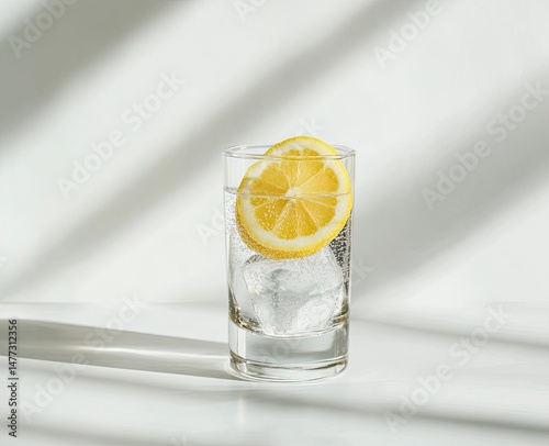 Refreshing lemon water in a glass tumbler with ice.  A bright yellow lemon slice floats atop ice cubes in a clear glass