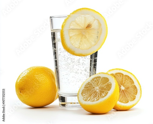 Refreshing lemon water in a glass, with lemon slices