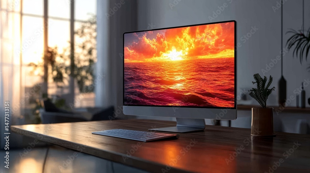 Fototapeta premium A rapid OS update running on a high-end device in a minimalist workspace. The clean lines and modern setup reflect software performance
