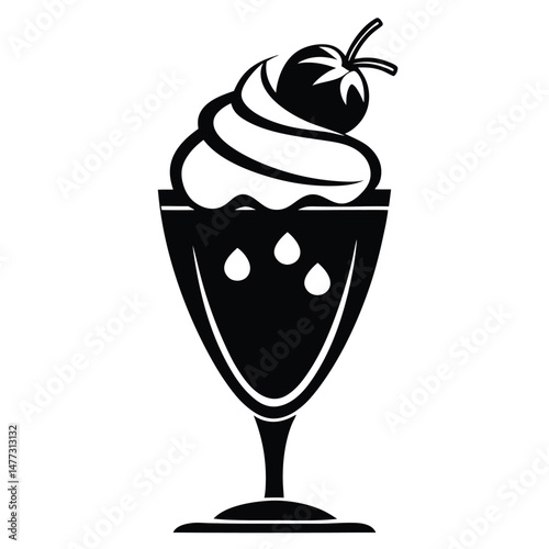 Black Silhouette of Dessert Parfait in Tall Glass with Cherry Topping