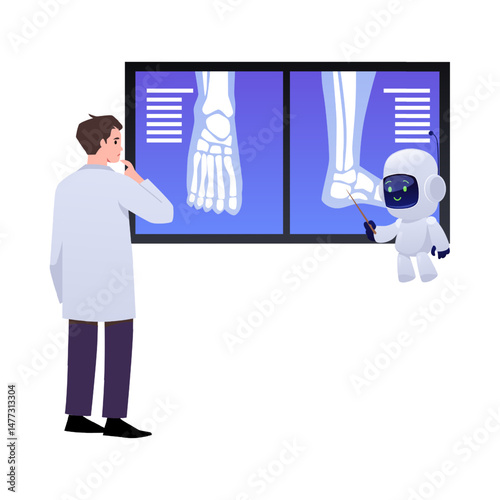 Doctor with AI Chatbot robot working on medical diagnosis, vector leg X-ray researching Artificial intelligence machine