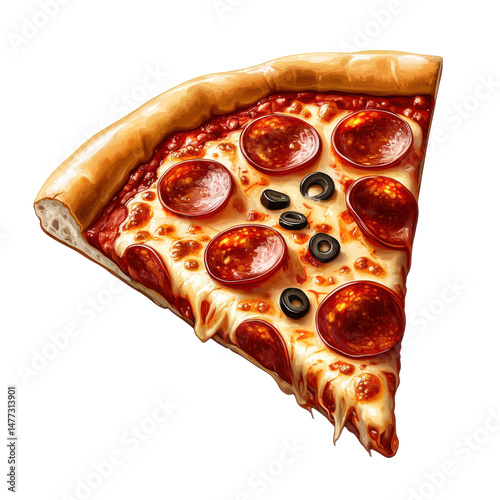 Delicious slice of pepperoni pizza with black olives on transparent background